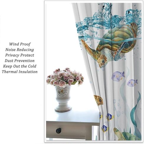 Sea Turtle Curtains, Teal Blue Ocean Underwater Animal Starfish Fish Nautical Coastal Theme Window Treatments for Living Room Bedroom 42x45 Inch in Kuwait