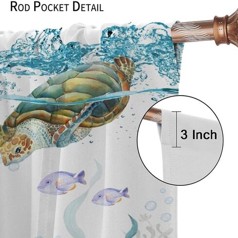 Sea Turtle Curtains, Teal Blue Ocean Underwater Animal Starfish Fish Nautical Coastal Theme Window Treatments for Living Room Bedroom 42x45 Inch in Kuwait