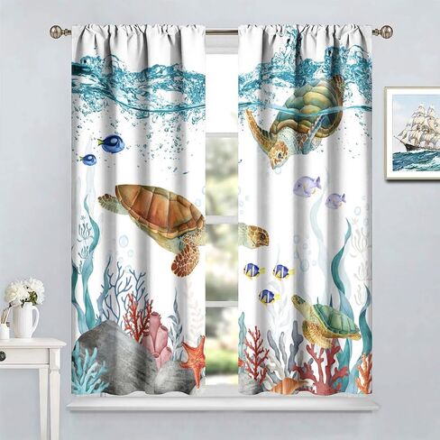 Sea Turtle Curtains, Teal Blue Ocean Underwater Animal Starfish Fish Nautical Coastal Theme Window Treatments for Living Room Bedroom 42x45 Inch in Kuwait