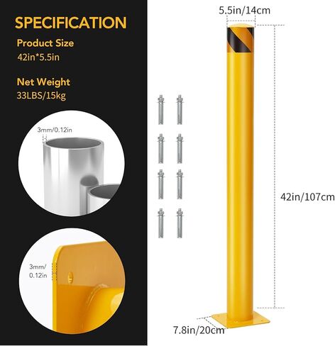 Safety Bollard 2 Pack, 42 Inch Height Bollard Post, 5.5 Inch Diameter Steel Pipe Safety Bollard Post, Yellow Steel Bollard, Steel Safety Bollard with 8 Anchor Bolts for Traffic-Sensitive Area in Saudi Arabia