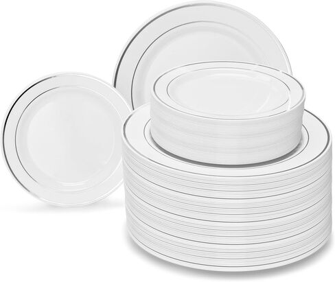 OCCASIONS 240 Plates Pack,(120 Guests) Heavyweight Premium Wedding Party Disposable Plastic Plates Set -120 x 10.5'' Dinner + 120 x 7.5'' Salad/Dessert (Ivory & Gold Rim) in Saudi Arabia