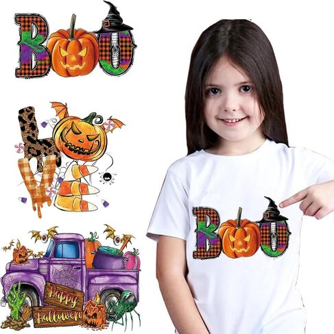4pcs Halloween Iron on Sticker Patches Pumpkin Iron on Heat Transfer Decals Ghost Skeleton Bat Design T-Shirt Jeans Backpacks Families Clothing Hat DIY Applique Halloween Clothes Decorations in Saudi Arabia