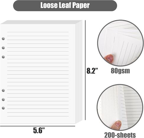100 Sheets Lined Refill Paper, White Loose Leaf Paper 6 Holes for A5 Planner Inserts 6-Ring Binders School Office 5.6" x 8.2" 80gsm in Saudi Arabia