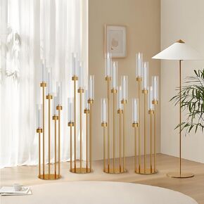mopam Floor Candelabra 4pcs Floor Candle Holders for Wedding 5 Arms Gold Candle Sticks Holder Decor 42.5'' Tall Metal Candlestick Set with Acrylic Lampshades for Home Christmas Party (Round)
