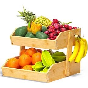 Bamboo Fruit Basket – 3 Tier Fruit Bowl For Kitchen Counter, Large Capacity Fruit Holder With 2 Banana Hangers, Idea For Fruit and Vegetable Storage, Bread Basket, Snack Organizer(BLACK)