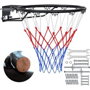 Basketball Rim, 18" Replacement Wall Mounted Outdoor Basketball Hoop, Heavy Duty Solid Steel, Double Spring Basketball Hoop Rim with All Weather Net for Indoor and Outdoor Hanging