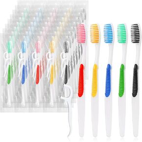 100Packs Disposable Toothbrushes with Floss,Single Use Individually Wrapped Disposable Travel Toothbrushes and Dental Floss Kit Bulk for Homeless,Airbnb,Dentist,Hotel(5 Colors)
