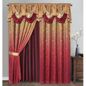 GOHD Fancy Fantasy. 2-Tone Ombre Print Warp Knitted Voile Window Curtain with Attached Fancy Valance and Taffeta Backing. 2pcs Set. Each pc 54" Wide x 90" Drop with 18" Valance. (Orange - Blue)