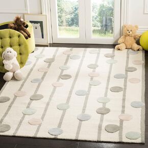 SAFAVIEH Kids Collection Area Rug - 5' Round, Ivory & Multi, Handmade Polka Dot Stripe Wool, Ideal for High Traffic Areas in Living Room, Bedroom (SFK909A)