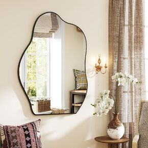 BEAUTYPEAK Asymmetrical Mirror, 26 x 38 Inches Irregular Wall Mirror, Wood Frame Unique Shape Wall Mounted Vanity Mirror, Decorative for Living Room Bedroom Entryway Hallway