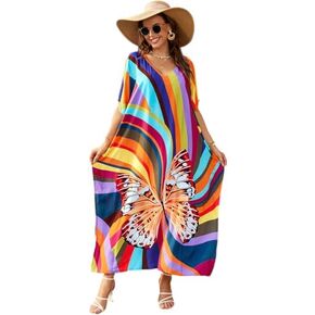 butterfly print Kaftan Dresses for Women Side Split Beach Bikini Swimsuit Caftan Dress Batwing Sleeve Cover Up
