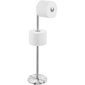 mDesign Steel Standing Modern Toilet Paper Holder, Toilet Tissue Dispenser Stand for Bathroom Storage Organization - Holds Mega Rolls - Xene Collection - Marble/Brushed Chrome