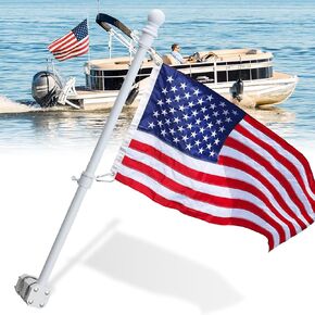 Boat Flag Pole, Pontoon Boat Accessories White Flag Pole Kit, 45 in Flag Pole with 12"x18" American Flag, Adjustable Holder Mount, Tangle Free Rings, 1 inch Metal Marine Flags Pole Fit Yacht Rails