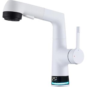 Bathroom Sink Faucet with Pull Out Sprayer, Temperature Digital Display, Single Handle, Height Adjustable Basin Mixer Faucet, No Battery Needed, Chrome