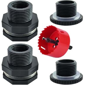 YSIL 2 PCS Rain Barrel Bulkhead Fitting Kit 1 Inch with Plugs & Hole Saw Tool,Water Tank Connector Pipe Fitting Kit for Water Tanks Rain Barrels Aquariums Pools