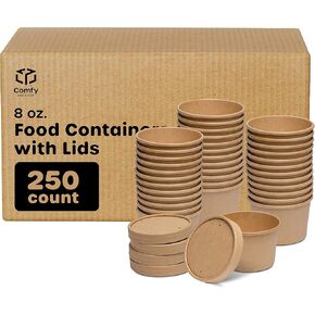 Comfy Package [Bulk Case of 250 8 oz. Kraft Paper Food Containers with Vented Lids - To Go Hot Soup Bowls, Disposable Ice Cream Cups, Ideal for Hot and Cold Foods