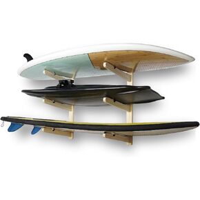 Surfboard Wall Rack Mount Surfboard Rack for Wall Surfboard Storage Racks for Longboards Shortboards Wakeboard Kiteboard and Snowboards, 3 Boards Display Wooden Works Indoor and Outdoor
