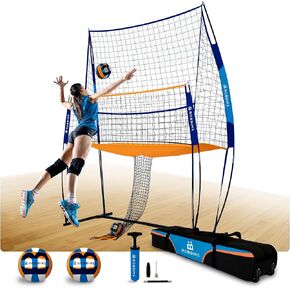 Volleyball Practice Net Station | Volleyball Training Equipment with 2 PU Leather Volleyballs, Air Pump, Assembly Instructions, and Wheeled Carry Bag | Volleyball Hitting Net Rebounder