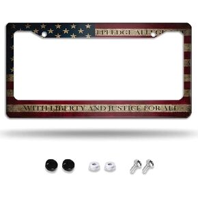 American Flag Patriotic Pledge of Allegiance License Plate Frame, Decorative Car Aluminum Decor Car Tag Frames for Men/Women with Screw Caps Car Accessories 2 Holes US Canada Standard 12"X6"