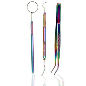Dental Hygiene Set - 3pcs Basic Dental Instruments Stainless Steel Dental Rainbow Tooth Pick, Mouth Mirror,Cotton Plier - Dentists Tools Set is Ideal for Personal Use & Pet Friendly