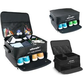 Golf Trunk Organizer Storage 2 Layers Accessories Bag Foldable Waterproof Car with Compartment for 2 Pairs of Shoes Golf Balls Tees Clothes Gloves