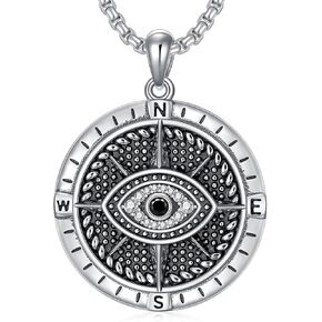 Compass Necklace S925 Sterling silver Compass Evil Eye/Yin and Yangon Dog Tag Pendant Necklace with 22"+2" Chain Graduation Gifts Christmas Gifts Birthday Gifts for Him/Her