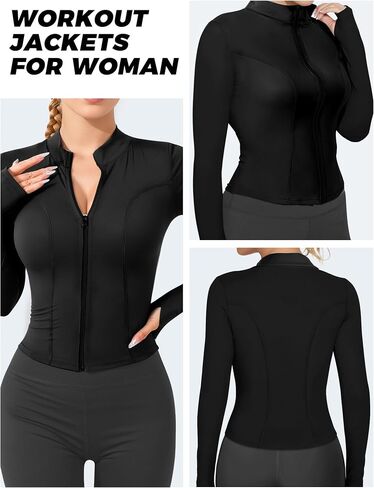 AURUZA Womens Workout Jackets, Lightweight Zip Up Athletic Jacket for Women Cropped Workout Gym Running Tops With Thumb Holes in Saudi Arabia