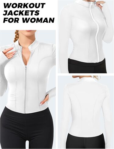 AURUZA Womens Workout Jackets, Lightweight Zip Up Athletic Jacket for Women Cropped Workout Gym Running Tops With Thumb Holes in Saudi Arabia