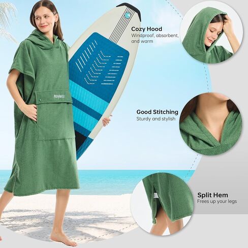 Surf Poncho Changing Towel Robe with Hood, Microfiber Quick Dry Water Absorbent Beach Poncho Towel with Pocket for Surfing, Swimming, Bathing, Wetsuit Changing (Olive Green) in Saudi Arabia