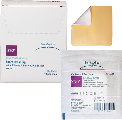 ZeniFoam Gentle (2" x 2") Polyurethane Foam Dressing with Silicone Adhesive Without Border, Skin-Friendly, Highly Absorbent, Latex-Free, with Waterproof Backing (10/Box) in Saudi Arabia