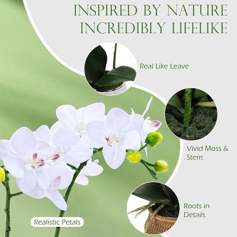 Artificial Orchids in Pot, Real Touch, Artfully Crafted Phaleanopsis Bonsai, Faux Orchid, Fake Orchid Flowers White with a Silver Ceramic Vase, Perfect for Home, Office,Hotel Decor in Saudi Arabia
