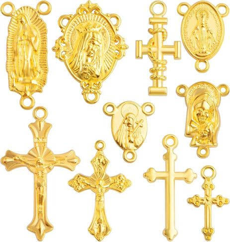 50pcs Rosary Cross and Center Miraculous Medal Charms Tibetan Jesus Crucifix Pendants Virgin Mary Oval Chandelier Links for DIY Rosary Necklace Jewelry Making, 10 Styles in Kuwait