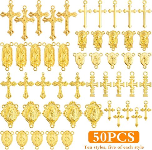 50pcs Rosary Cross and Center Miraculous Medal Charms Tibetan Jesus Crucifix Pendants Virgin Mary Oval Chandelier Links for DIY Rosary Necklace Jewelry Making, 10 Styles in Kuwait