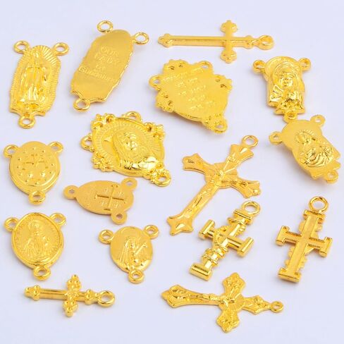 50pcs Rosary Cross and Center Miraculous Medal Charms Tibetan Jesus Crucifix Pendants Virgin Mary Oval Chandelier Links for DIY Rosary Necklace Jewelry Making, 10 Styles in Kuwait