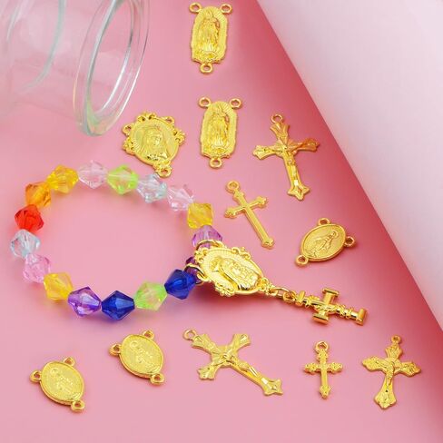 50pcs Rosary Cross and Center Miraculous Medal Charms Tibetan Jesus Crucifix Pendants Virgin Mary Oval Chandelier Links for DIY Rosary Necklace Jewelry Making, 10 Styles in Kuwait