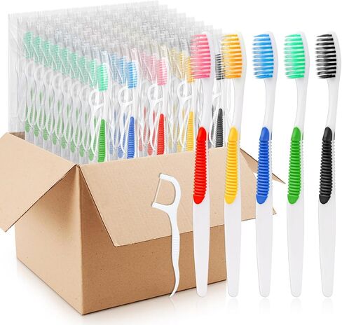 100Packs Disposable Toothbrushes with Floss,Single Use Individually Wrapped Disposable Travel Toothbrushes and Dental Floss Kit Bulk for Homeless,Airbnb,Dentist,Hotel(5 Colors) in Kuwait