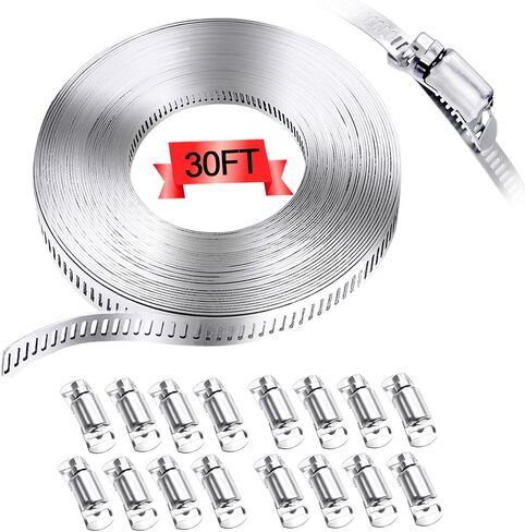مجموعة متنوعة من مشابك خرطوم الفولاذ المقاوم للصدأ 304، حزام معدني DIY بطول 6.5 قدم + 4 مثبتات أقوى، مشابك خرطوم تروس دودة كبيرة قابلة للتعديل، مشابك لولبية للأنابيب والقناة والأنبوب وخط الوقود in Saudi Arabia