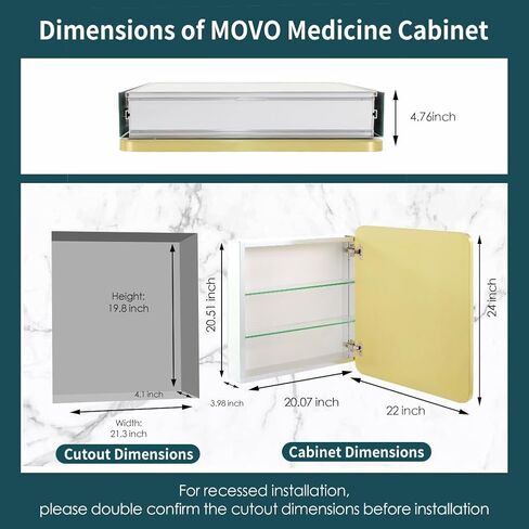 Movo Medicine Cabinet with Mirror, 24 Inch x 30 Inch Aluminum Mirror Cabinet with Single Door, Bathroom Medicine Cabinet, Surface Mount or Recess Installation,Silver in Kuwait