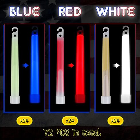 72 قطعة من عصي التوهج الوطنية باللون الأحمر والأبيض والأزرق من LEIFIDE مقاس 6 بوصات للمشي لمسافات طويلة وعصي توهج للطوارئ السائبة وعصي مضيئة لحفلات الرابع من يوليو والمسيرات والهدايا in Kuwait