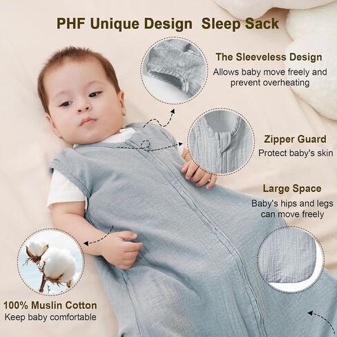PHF 100% Muslin Cotton Baby Sleep Sacks, 0-6 Months Sleep Sack with 2-Way Zipper, 2 Pack Cooling Unisex 0.5 TOG Breathable Small Size Sleeveless Baby Wearable Blanket, Blue & Green in Saudi Arabia