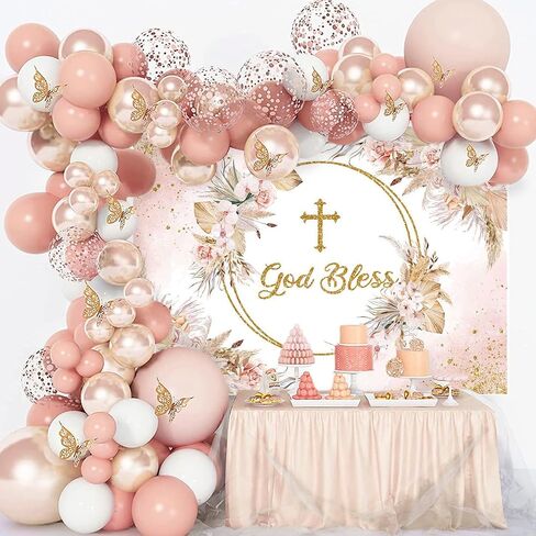 Mocsicka Boho God Bless Backdrop Baptism Bohemian Pampas Grass Blush Baby Shower Party Decorations Photo Backdrops Boho Floral First Holy Communion Christening Photography Background (5x3ft) in Saudi Arabia
