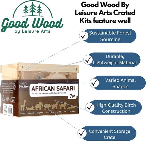 Good Wood من Leisure Arts: مجموعة صناديق سفاري أفريقية - 7 قطع من قطع خشب الحيوانات - أشكال خشبية صغيرة للحرف اليدوية - أشكال حرفية خشبية - حيوانات خشبية للرسم in Saudi Arabia