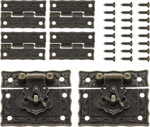 uxcell 2pcs Retro Bronze Alloy Latch Locks and 4pcs Engraved Hinges, 51 x 44mm Latch Buckle and Pattern Hinge with 24pcs Screws for Decorative Cabinet Small Wooden Box in Kuwait