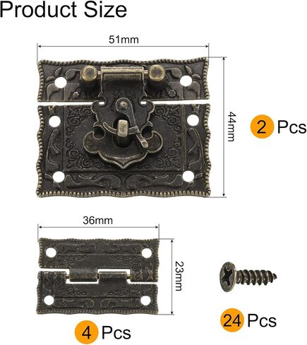 uxcell 2pcs Retro Bronze Alloy Latch Locks and 4pcs Engraved Hinges, 51 x 44mm Latch Buckle and Pattern Hinge with 24pcs Screws for Decorative Cabinet Small Wooden Box in Kuwait