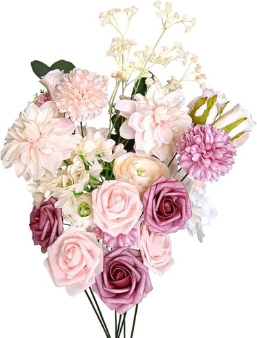 زهور الحرير، زهور الزفاف، الزهور الاصطناعية، مجموعة كومبو من الزهور مع سيقان لترتيبات الزهور DIY باقات الزفاف وحفلات المنزل وديكور استحمام الطفل (وردي مغبر) in Kuwait