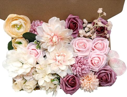 زهور الحرير، زهور الزفاف، الزهور الاصطناعية، مجموعة كومبو من الزهور مع سيقان لترتيبات الزهور DIY باقات الزفاف وحفلات المنزل وديكور استحمام الطفل (وردي مغبر) in Kuwait