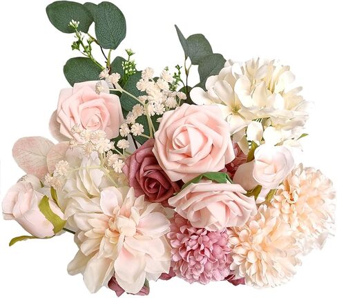 زهور الحرير، زهور الزفاف، الزهور الاصطناعية، مجموعة كومبو من الزهور مع سيقان لترتيبات الزهور DIY باقات الزفاف وحفلات المنزل وديكور استحمام الطفل (وردي مغبر) in Kuwait