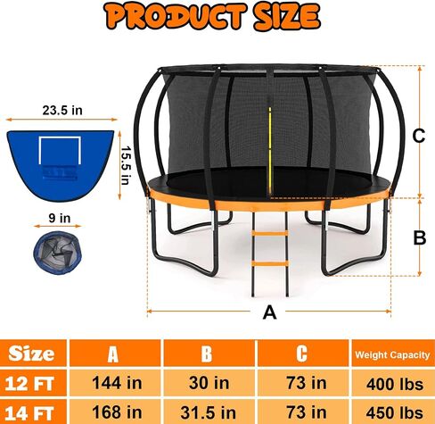 Trampoline 12FT 14FT 15FT 16FT Trampoline for Kids/Adults - Outdoor Recreational Trampolines with Enclosure Net Curved Poles and Ladder, Heavy Duty Trampoline Anti-Rust Coating, ASTM Approval in Saudi Arabia