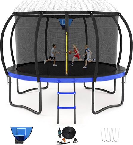 Trampoline 12FT 14FT 15FT 16FT Trampoline for Kids/Adults - Outdoor Recreational Trampolines with Enclosure Net Curved Poles and Ladder, Heavy Duty Trampoline Anti-Rust Coating, ASTM Approval in Saudi Arabia
