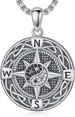 Compass Necklace S925 Sterling silver Compass Evil Eye/Yin and Yangon Dog Tag Pendant Necklace with 22"+2" Chain Graduation Gifts Christmas Gifts Birthday Gifts for Him/Her in Saudi Arabia